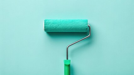 Paint roller on a textured wall, showcasing a vibrant turquoise color.