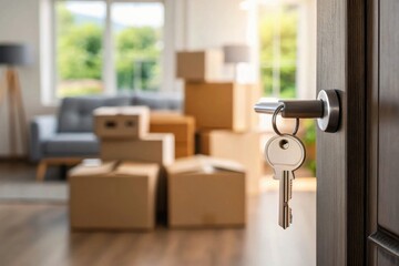 A key in a door with moving boxes in the background, symbolizing a new home or transition.