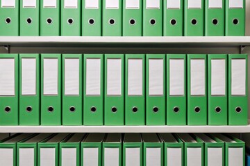 Rows of green binders neatly organized on shelves, showcasing an orderly office environment.
