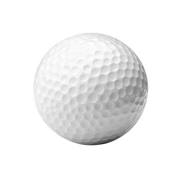 A close-up view of a white golf ball featuring dimples and a smooth surface, isolated on a white background, perfect for sports-themed designs and golfing-related content.