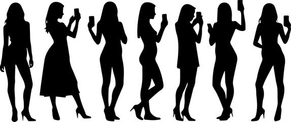 set collection of silhouettes of women taking selfies