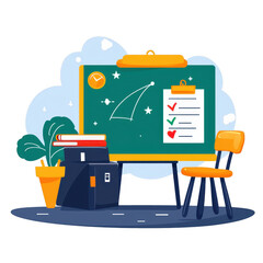 A colorful illustration of a classroom setup, featuring a chalkboard, checklist, books, and a plant, representing a creative and organized learning environment.