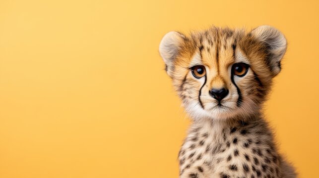 Lindo retrato de cuerpo entero de un beb&eacute; guepardo sobre un fondo naranja claro para la educaci&oacute;n sobre la vida silvestre y la protecci&oacute;n de los animales.