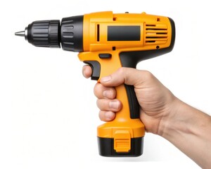 Hand holding a yellow cordless drill, ready for DIY tasks or repairs.