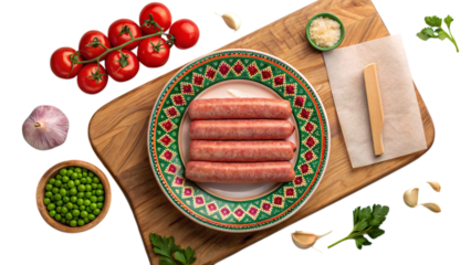Savory sausages ready for a flavorful meal, nestled on a vibrant green and red plate surrounded by fresh tomatoes, peas, and garlic. Wooden board adds rustic charm.