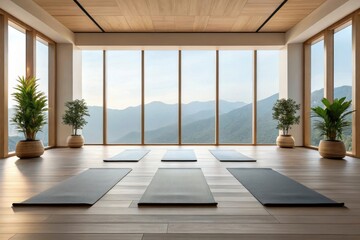 Fototapeta premium Serene yoga studio with mats, large windows, and mountain views creating a tranquil atmosphere.