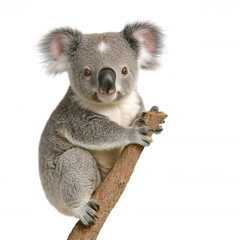 Fototapeta premium A cute koala sitting on a tree branch against a white isolated background, showcasing its distinctive features and fluffy ears, embodying the charm of Australian wildlife.