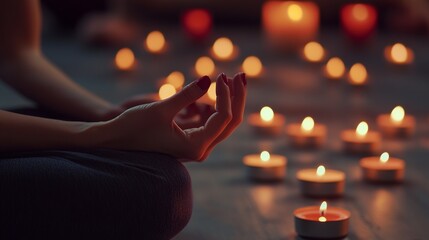 Female meditating in candlelit yoga pose surrounded by warm glow