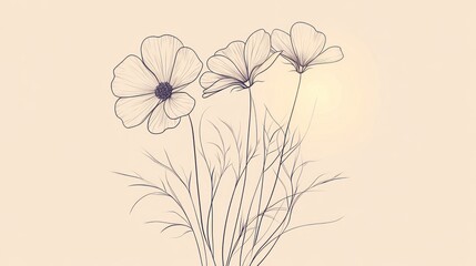 Elegant line art cosmos flowers on pastel background, for desktop wallpaper or print