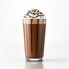 Delicious chocolate drink topped with whipped cream and chocolate drizzle in a glass.