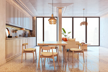 Modern light-wood kitchen and dining room interior with large windows and city view, featuring minimalist furniture and clean design. 3D Rendering