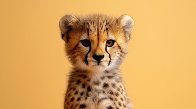 Lindo retrato de cuerpo entero de un beb&eacute; guepardo sobre un fondo naranja claro para la educaci&oacute;n sobre la vida silvestre y la protecci&oacute;n de los animales.