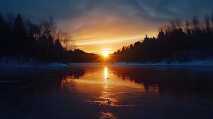 Fototapeta premium A spectacular fireworks show reflecting on a frozen lake creating a magical winter atmosphere