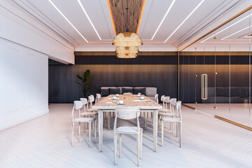 Modern conference room with wooden table, minimalist chairs, stylish pendant lights, and glass wall in contemporary office interior design setup. 3D Rendering