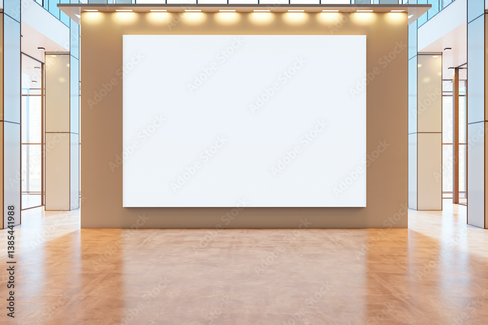 Aufkleber Blank canvas mockup in modern interior with large display wall and soft lighting for presentation or design showcase concept in clean setting. 3D Rendering