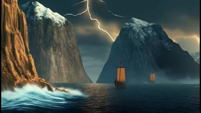 Similar to (208), showcasing a large bird soaring above a picturesque landscape of mountains and ships, blending dynamic motion with synthetic storytelling, perfect for cinematic visuals.