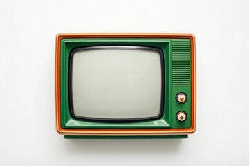 Vintage television set with a colorful frame on a plain background.