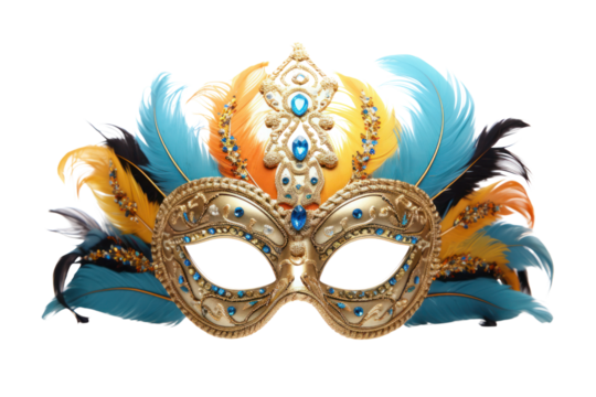 A vibrant Venetian-style carnival mask adorned with intricate gold detailing Isolated on white background