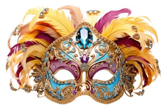 A vibrant Venetian-style carnival mask adorned with intricate gold detailing Isolated on white background