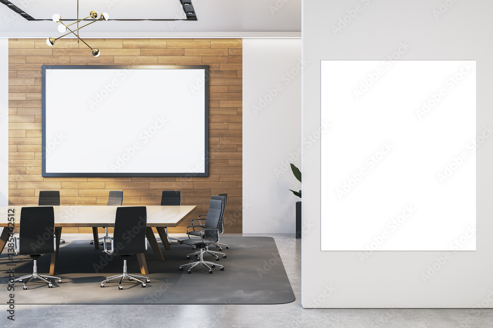 Poster modern office conference room with blank vertical poster and horizontal frame on wooden wall for moc