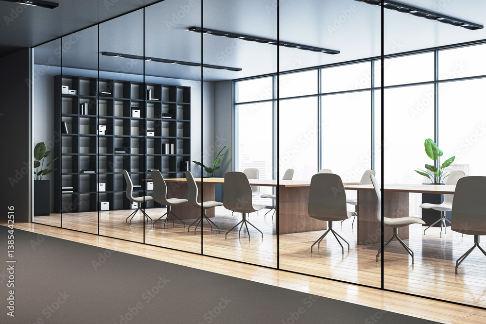 Poster modern corporate office meeting room with glass partition and city view in background, showing clean