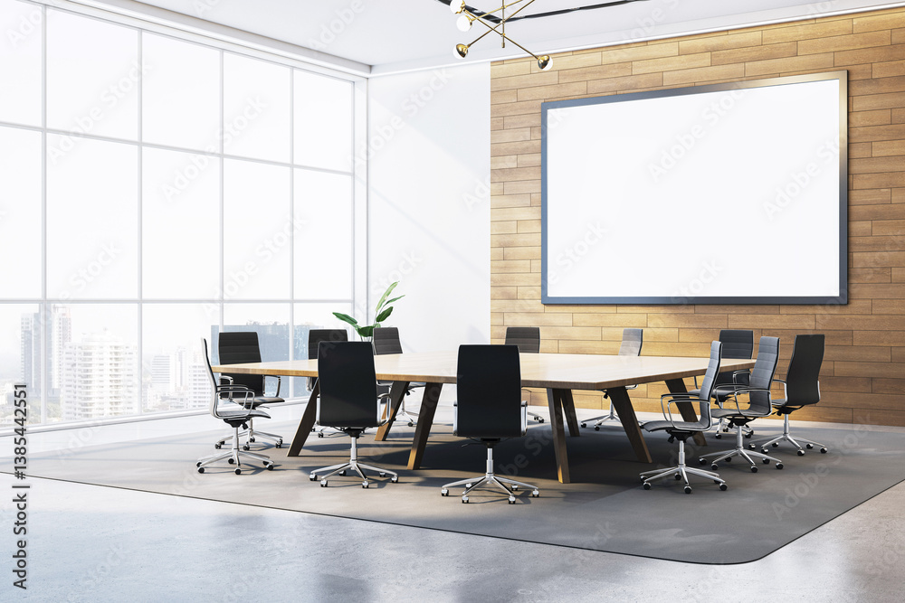 Poster modern corporate conference room interior with large blank frame on wooden wall and city view throug