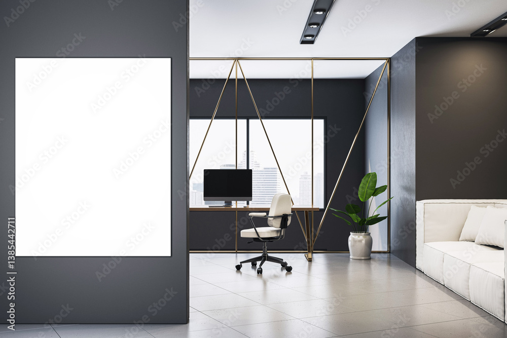 Poster modern office interior with white blank poster frame mockup on dark wall and stylish workspace featu