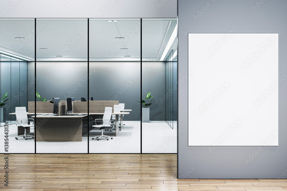 Poster modern office interior with glass walls and blank poster canvas on gray wall for mockup presentation
