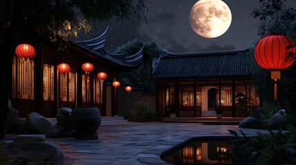 Obraz premium Traditional Chinese courtyard with red lanterns glowing softly against a dark sky and full moon