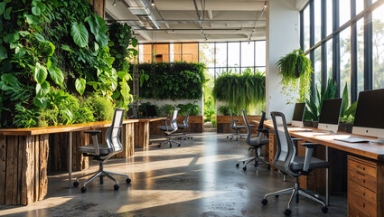 Modern Office Space With Green Walls And Natural Light Filled Interior