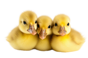 A group of three adorable yellow ducklings huddled together Isolated on white background