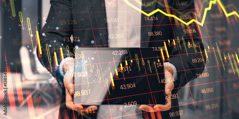 Poster business person holding tablet with stock trading chart overlay on abstract background showing finan