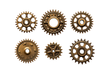 Vintage brass cogwheel gear with intricate engravings Isolated on white background