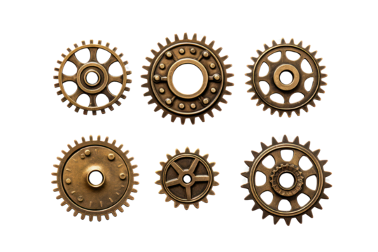 Vintage brass cogwheel gear with intricate engravings Isolated on white background