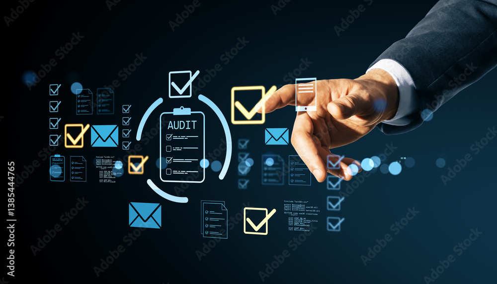 Aufkleber Businessperson touching digital audit interface with checkmarks, confirming data and selecting icons on a virtual screen in cyberspace.