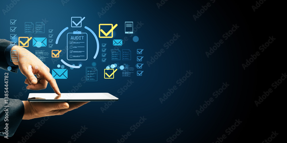 Poster businessperson using tablet with digital audit icons and checklist symbols on dark background repres