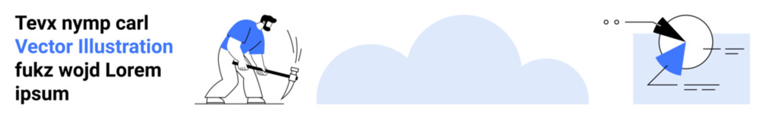 Man breaking data with pickaxe next to cloud as abstract background and analytic pie chart. Ideal for technology, data mining, artificial intelligence, cloud computing, innovation, trends, simple