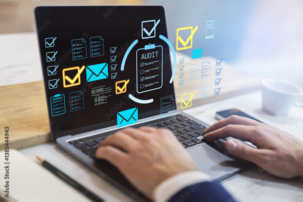 Aufkleber businessperson typing on laptop with audit checklist symbols and digital checkmarks on light office 