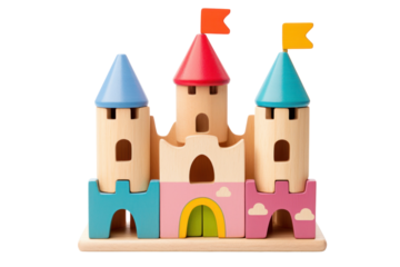 wooden castle-themed baby toy with simple geometric shapes, Isolated on white background