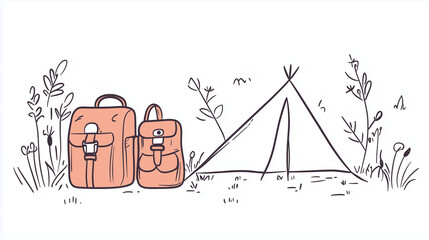 Camping backpack and tent in nature for outdoor adventure concept
