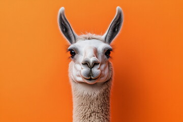 Obraz premium Studio photo of a white llama standing out against a bright orange backdrop. The contrast creates a bold and modern visual perfect for fun commercial use. 