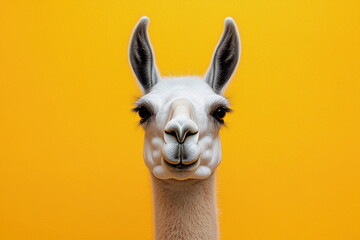 Obraz premium Studio photo of a white llama standing out against a bright orange backdrop. The contrast creates a bold and modern visual perfect for fun commercial use. 