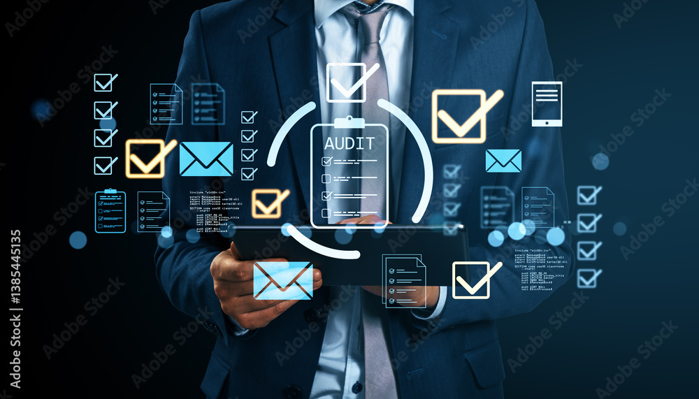 Poster Businessperson using tablet with audit symbols and checklist icons on digital light background for business concept visualization.