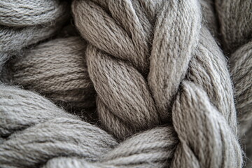 Thick wool strands in soft beige, cream, and gray shades, braided into a dense, textured pattern. Perfect for cozy winter aesthetics, knitting blogs, or artisanal product visuals.