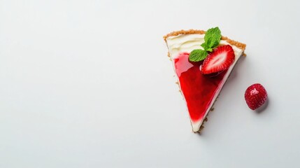 A slice of New York cheesecake with strawberry sauce. Featuring indulgence and elegance