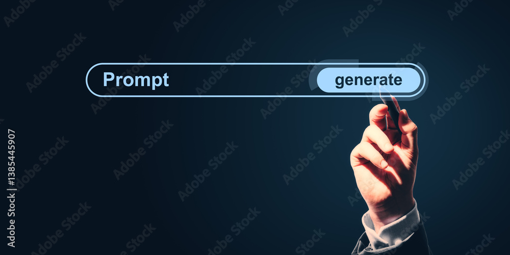 Poster Businessperson hand clicking generate button in AI prompt interface on dark background, symbolizing innovation, research, and digital concept.