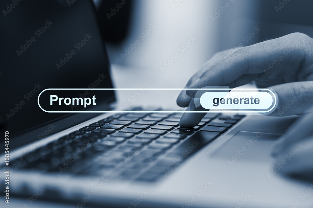 Poster Person pressing generate button on digital prompt interface overlay on laptop keyboard in a modern business environment with light background.