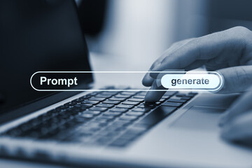 Person pressing generate button on digital prompt interface overlay on laptop keyboard in a modern...