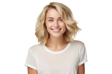 woman with shoulder length blonde hair wearing a light pastel top looking Isolated on white background
