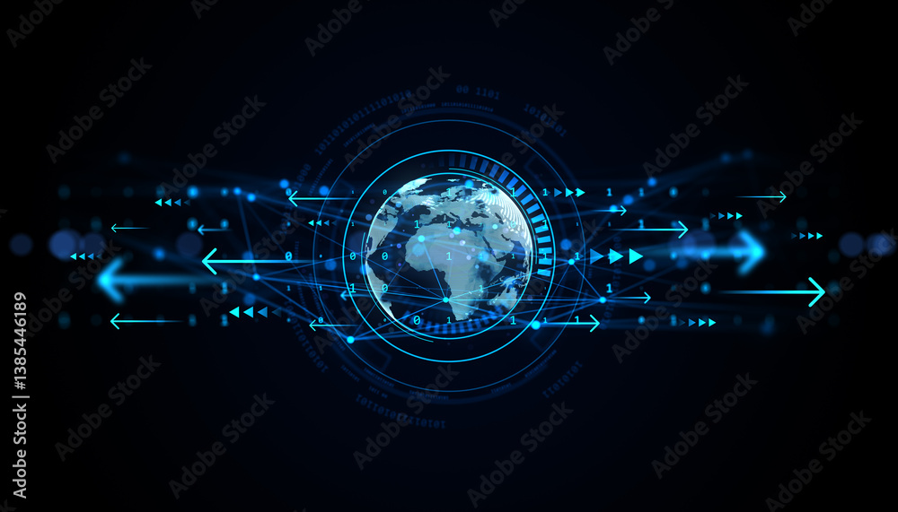 Poster Digital globe with neon blue arrows and binary code on dark background symbolizing data exchange and global internet network interface design template. 3D Rendering